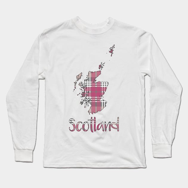 Scotland Pink, White and Grey Tartan Map Typography Design Long Sleeve T-Shirt by MacPean